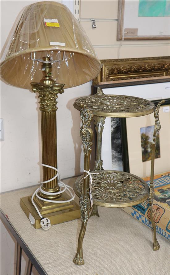 A brass Corinthian column table lamp and a brass two tier stand